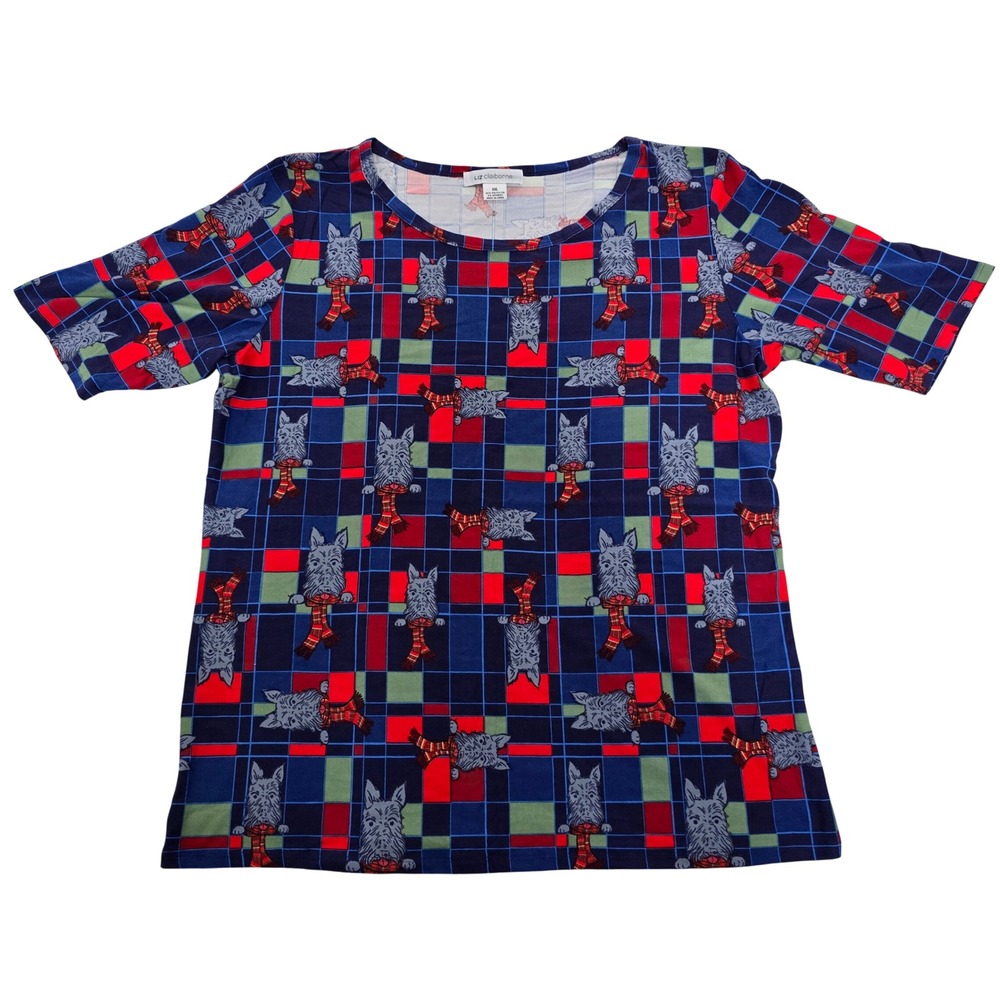 Liz Claiborne Womens XXL Scottie Dog Plaid Short Sleeve Scoop Neck Top Navy Blue